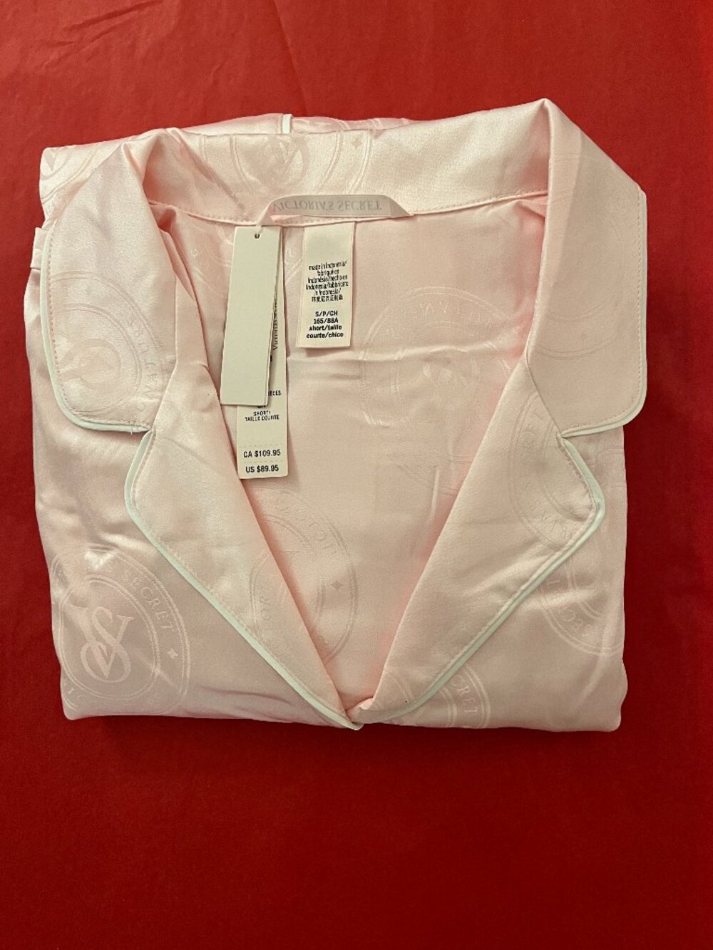 Victoria's Secret Glazed Satin Long Pajama Set in Pink Logo Crest Small (Short)